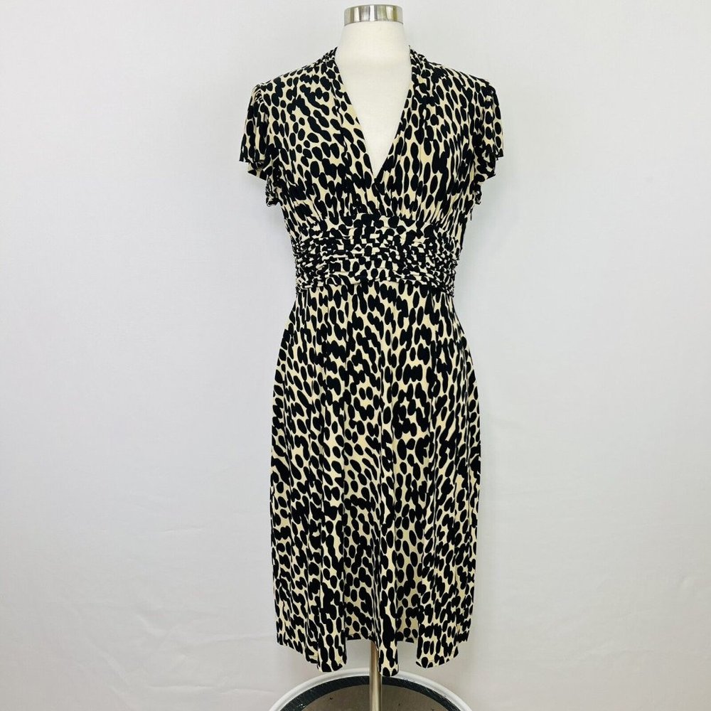 Evan Picone Sz 12 Large Dress Animal Print Black Beige Tan Ruched Waist #H🫠🫠